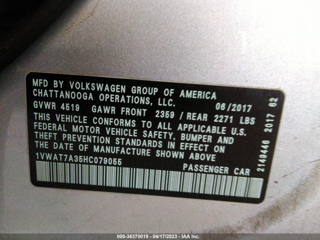 1VWAT7A35HC079055 Volkswagen Passat 1.8t S