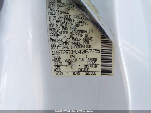 2000 NISSAN FRONTIER 2WD XE/SE VIN: 1N6ED26T3YC406725