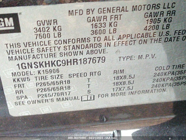 Chevrolet Suburban Lt 2017 1GNSKHKC9HR187679 Image 9