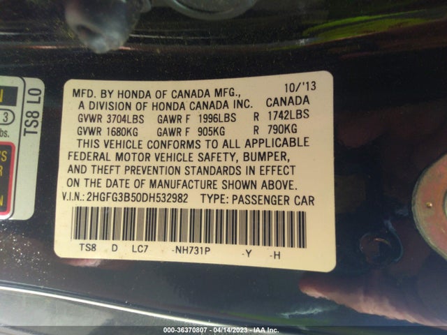 2013 HONDA CIVIC CPE LX VIN: 2HGFG3B50DH532982