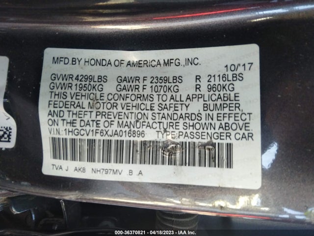 2018 HONDA ACCORD SEDAN EX-L NAVI 1.5T VIN: 1HGCV1F6XJA016896