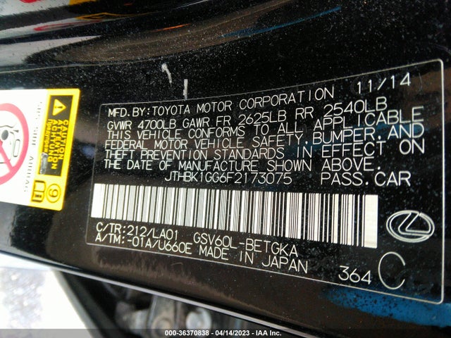 JTHBK1GG6F2173075 Lexus ES 350