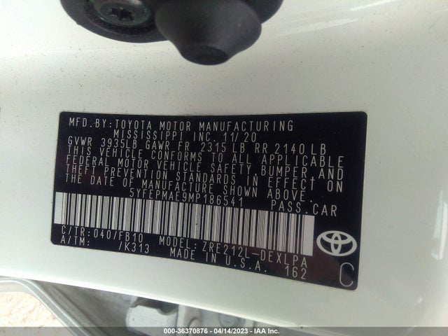 2021 TOYOTA COROLLA LE VIN: 5YFEPMAE9MP186541