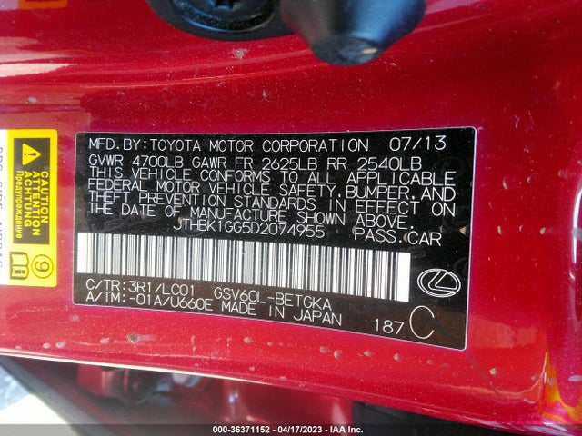 2013 LEXUS ES 350 4DR SDN VIN: JTHBK1GG5D2074955