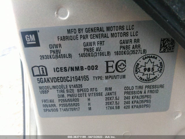 2012 BUICK ENCLAVE PREMIUM VIN: 5GAKVDED5CJ194165