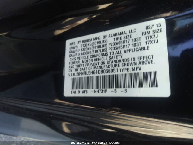 2013 HONDA ODYSSEY EX-L VIN: 5FNRL5H64DB056051