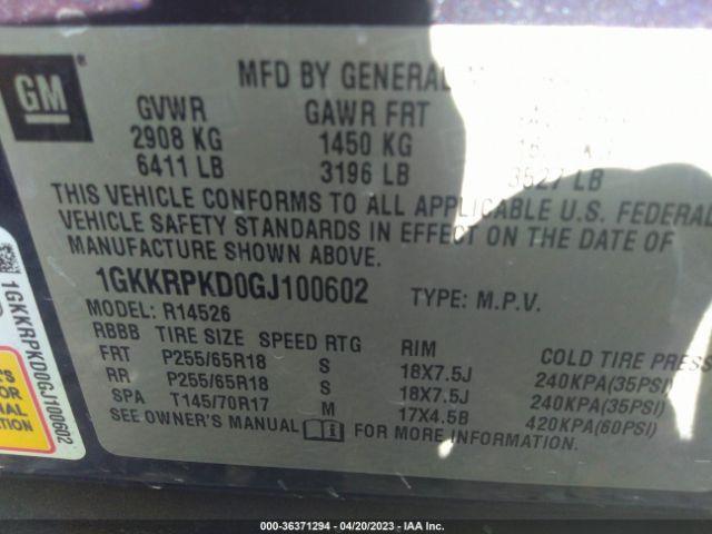 1GKKRPKD0GJ100602 GMC ACADIA SLE