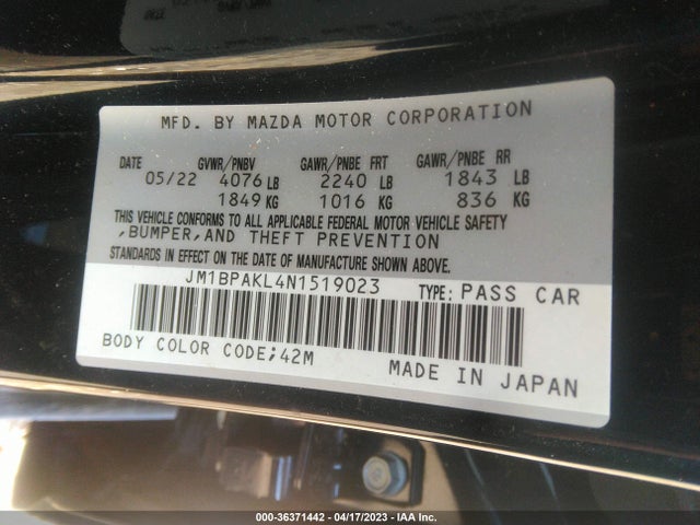 2022 MAZDA MAZDA3 HATCHBACK SELECT VIN: JM1BPAKL4N1519023