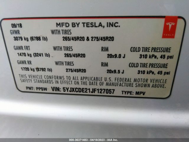 5YJXCDE21JF127057 Tesla Model X 75d/100d/p100d