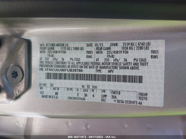 2015 FORD ESCAPE TITANIUM VIN: 1FMCU0J96FUB39786