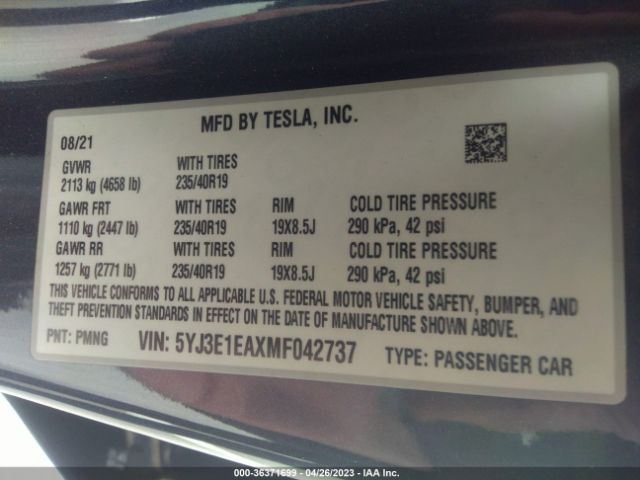 5YJ3E1EAXMF042737 Tesla Model 3 Standard Range Plus