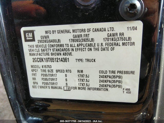 2005 CHEVROLET SILVERADO 1500 LS/Z71/LT VIN: 2GCEK19T651214361