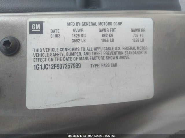 2003 CHEVROLET CAVALIER VIN: 1G1JC12F937257939