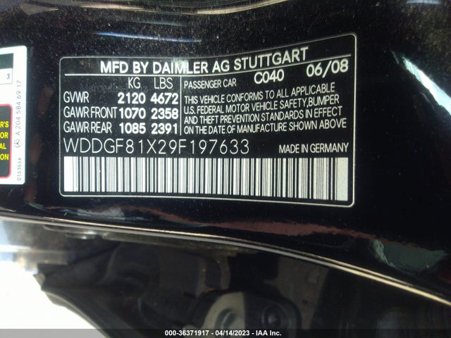 2009 MERCEDES-BENZ C CLASS VIN: WDDGF81X29F197633