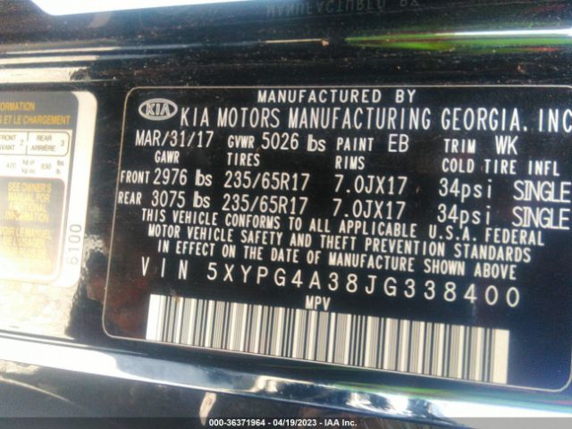 5XYPG4A38JG338400 KIA SORENTO L