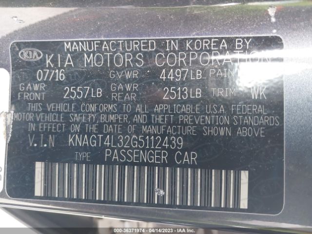 KNAGT4L32G5112439 KIA Optima Lx