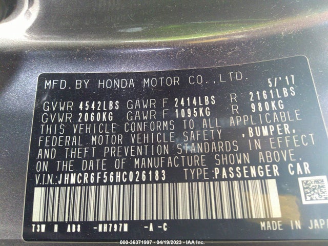 2017 HONDA ACCORD HYBRID EX-L VIN: JHMCR6F56HC026183