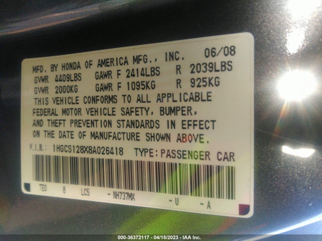 2008 HONDA ACCORD CPE EX-L VIN: 1HGCS128X8A026418