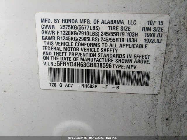 5FRYD4H63GB038596 Acura Mdx W/tech/entertainment/w
