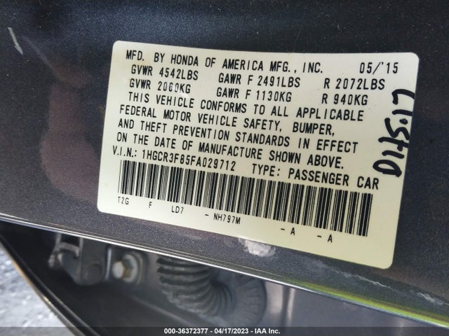 Aukcja sprzedaży 2015 Honda Accord Sedan Ex-l, vin: 1HGCR3F85FA029712, numer aukcji: 36372377