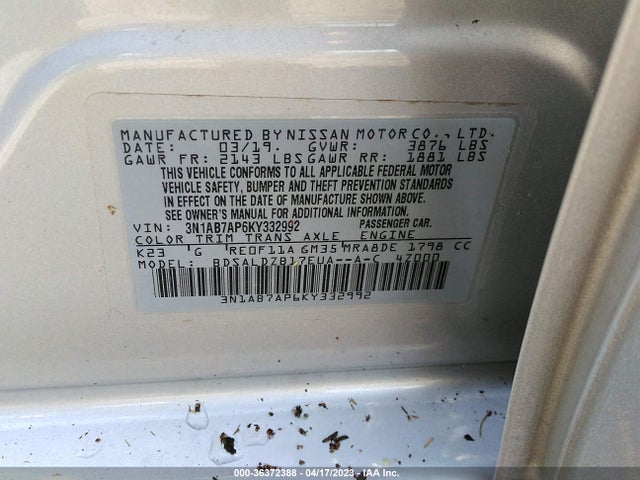 2019 NISSAN SENTRA SV VIN: 3N1AB7AP6KY332992