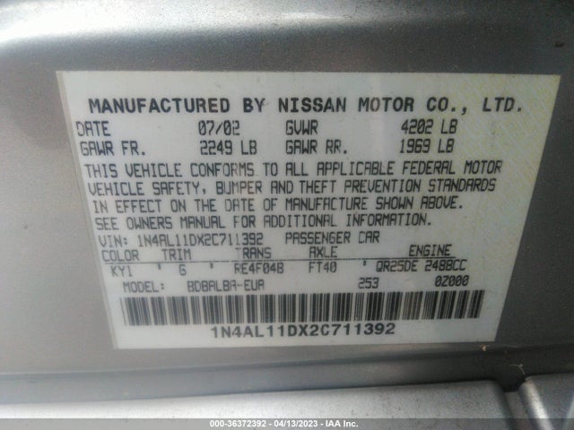 2002 NISSAN ALTIMA S VIN: 1N4AL11DX2C711392