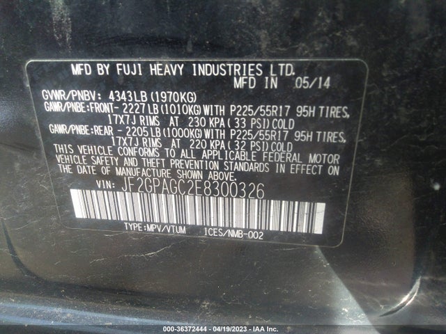 2014 SUBARU XV CROSSTREK LIMITED VIN: JF2GPAGC2E8300326