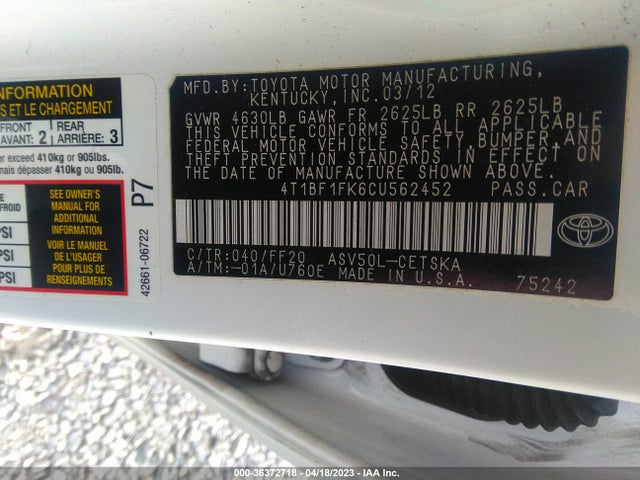 2012 TOYOTA CAMRY L/LE/SE/XLE VIN: 4T1BF1FK6CU562452