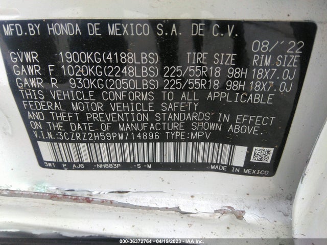 2023 HONDA HR-V SPORT VIN: 3CZRZ2H59PM714896