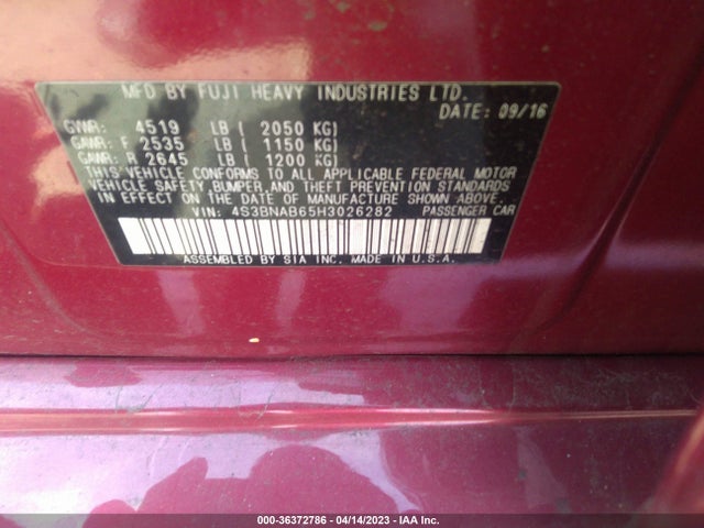 2017 SUBARU LEGACY VIN: 4S3BNAB65H3026282