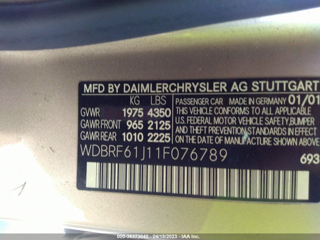 2001 MERCEDES-BENZ C CLASS VIN: WDBRF61J11F076789