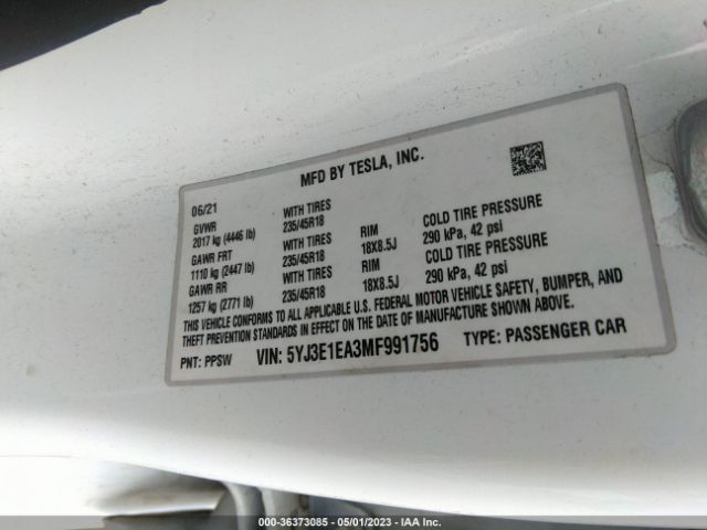 5YJ3E1EA3MF991756 Tesla Model 3 Standard Range Plus