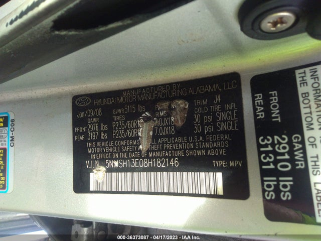 2008 HYUNDAI SANTA FE SE/LIMITED VIN: 5NMSH13E08H182146