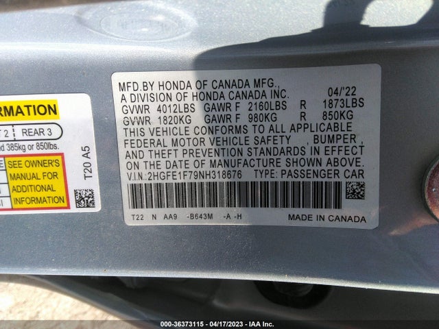 2022 HONDA CIVIC SEDAN EX VIN: 2HGFE1F79NH318676