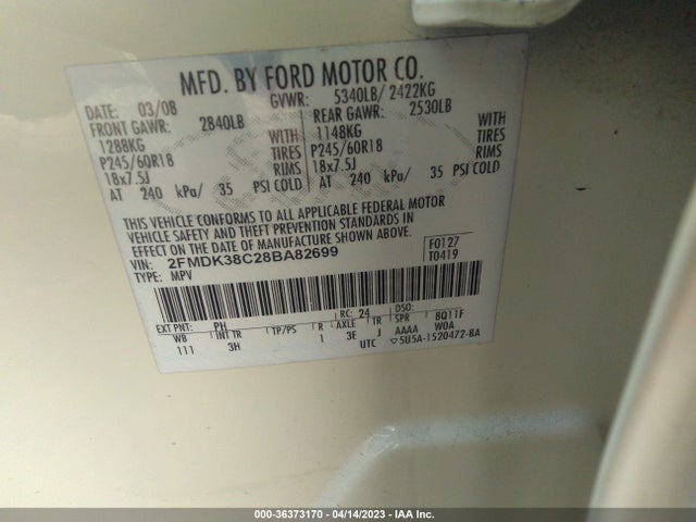 2008 FORD EDGE SEL VIN: 2FMDK38C28BA82699