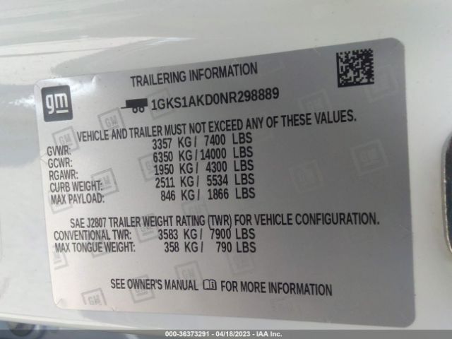 1GKS1AKD0NR298889 GMC YUKON SLE