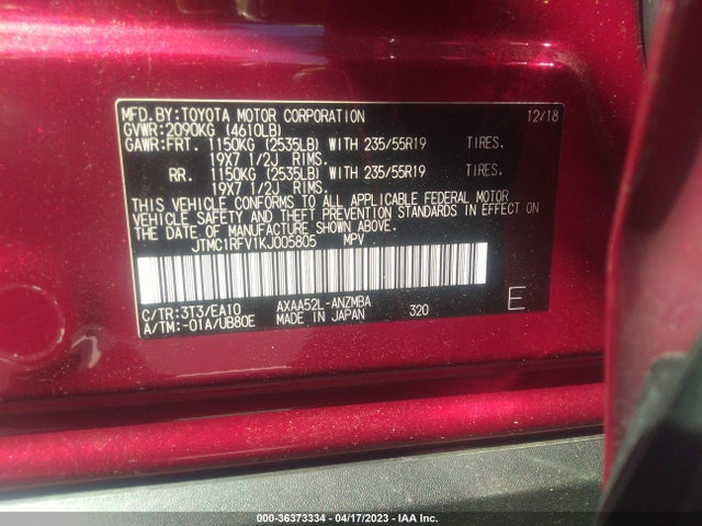 2019 TOYOTA RAV4 XLE PREMIUM VIN: JTMC1RFV1KJ005805