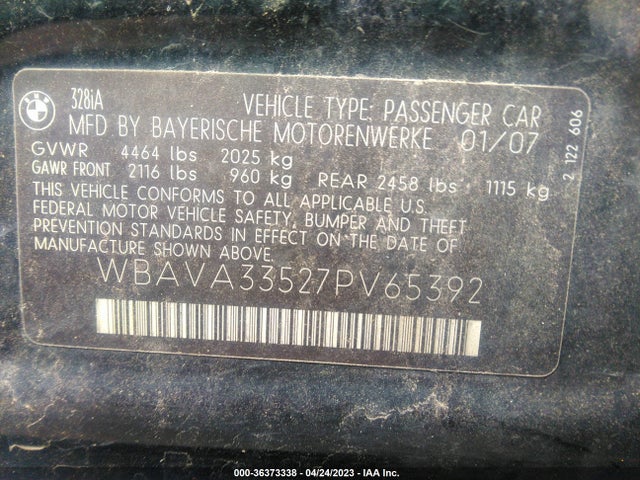 2007 BMW 3 SERIES 328I VIN: WBAVA33527PV65392
