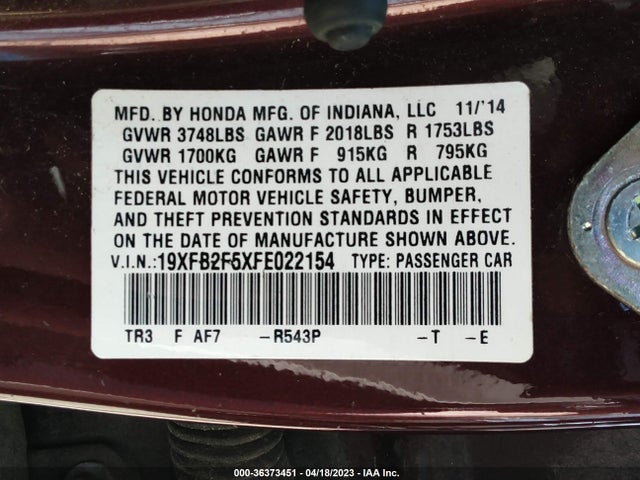 Honda Civic Sedan Lx 2015 19XFB2F5XFE022154 Image 9
