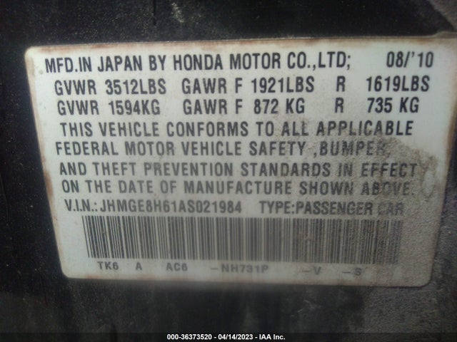 2010 HONDA FIT SPORT VIN: JHMGE8H61AS021984