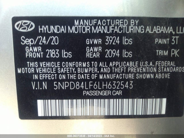 2020 HYUNDAI ELANTRA SEL VIN: 5NPD84LF6LH632543