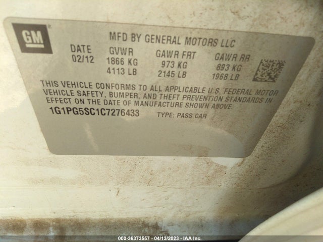 2012 CHEVROLET CRUZE LT W/2LT VIN: 1G1PG5SC1C7276433