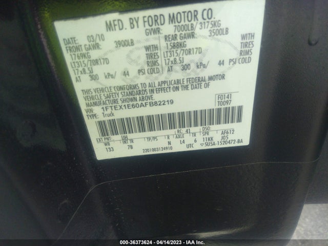 2010 FORD F-150 SVT RAPTOR VIN: 1FTEX1E60AFB82219