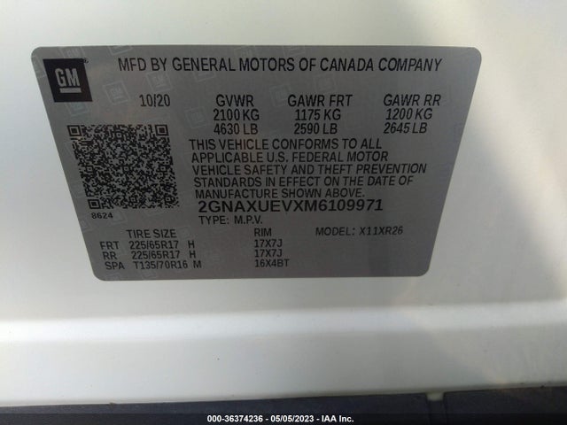 Chevrolet EQUINOX LT 2021 2GNAXUEVXM6109971 Image 9