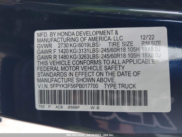 2023 HONDA RIDGELINE RTL VIN: 5FPYK3F56PB017700