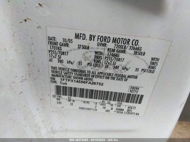 2006 FORD F-150 XLT/FX4/LARIAT/XL VIN: 1FTPX14556FA26752