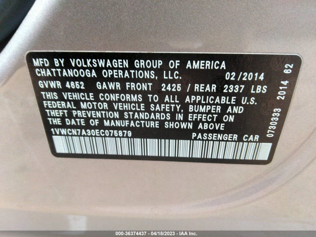 1VWCN7A30EC075879 Volkswagen Passat Tdi Sel Premium
