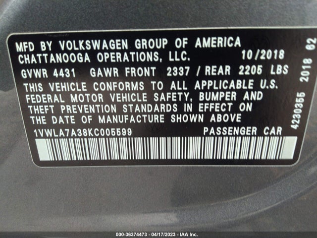 1VWLA7A38KC005599 Volkswagen Passat 2.0t Wolfsburg Edition