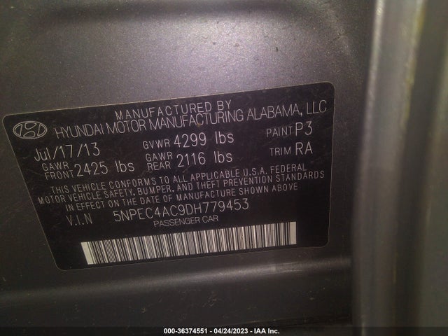 2013 HYUNDAI SONATA SE VIN: 5NPEC4AC9DH779453