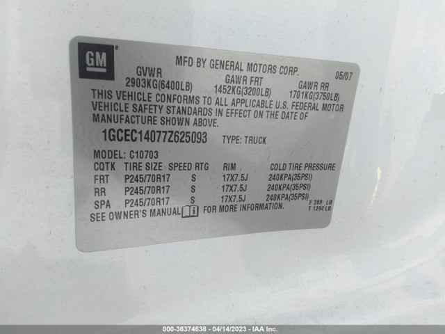 2007 CHEVROLET SILVERADO 1500 WORK TRUCK VIN: 1GCEC14077Z625093